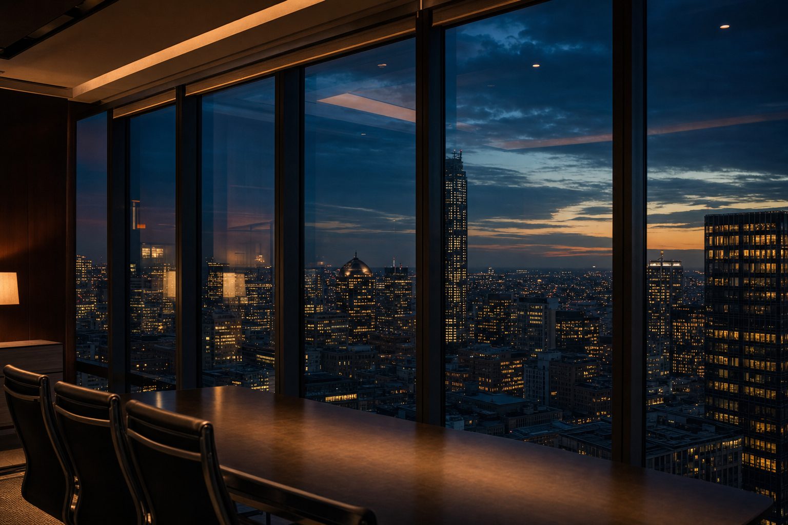 Boardroom view over a city skyline at dusk