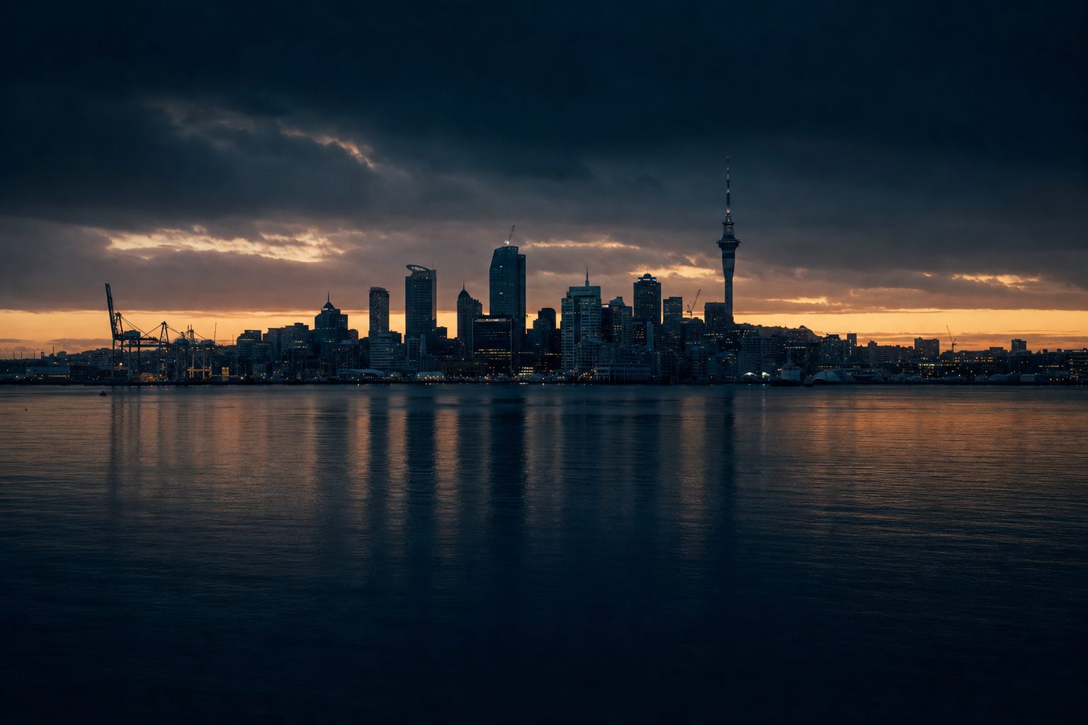 New Zealand coastline and harbour at dusk