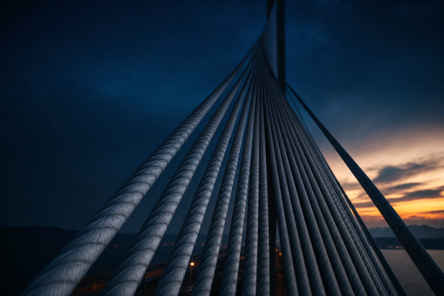 Suspension bridge cables converging at dusk